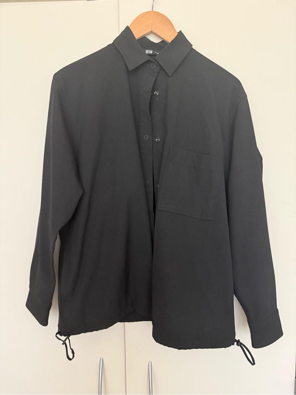 TheoryXUniqlo Black Oversized Nylon Cotton Bungee Snap Button-Front Jacket M - Picture 2 of 7